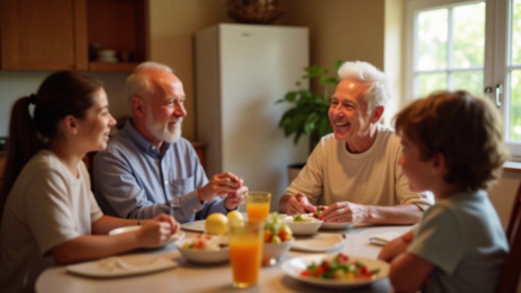Family conversation during meal time, multigenerational discussion