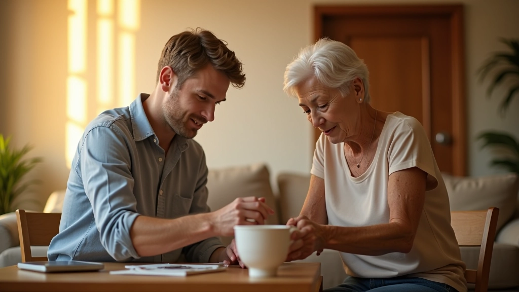 Adult caregiver helping elderly parent with daily tasks in a warm home setting