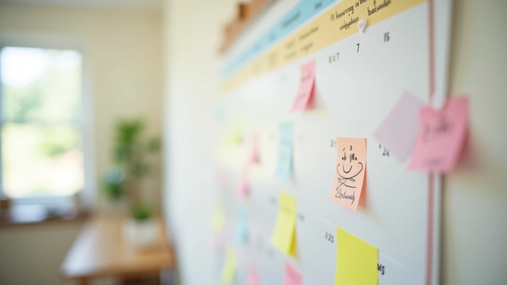 Family calendar on kitchen wall showing color-coded entries for school, work, and appointments