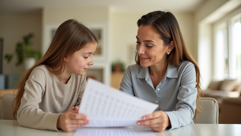 Parent and teenager reviewing weekly schedule together at dining table