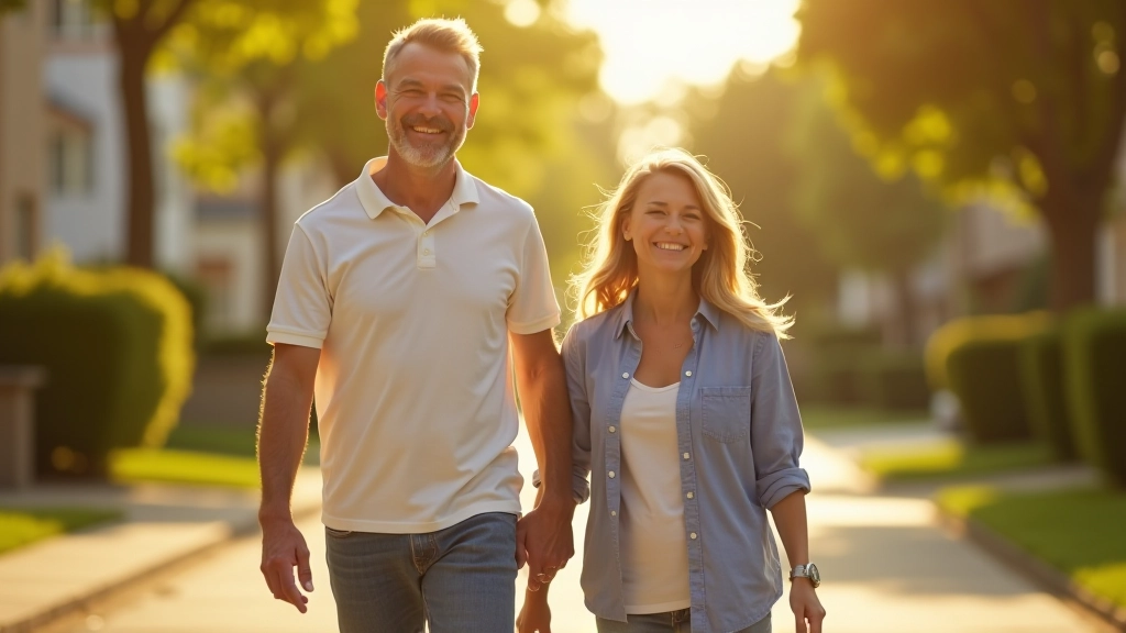 Child happily walking down a neighborhood street with a parent, both smiling
