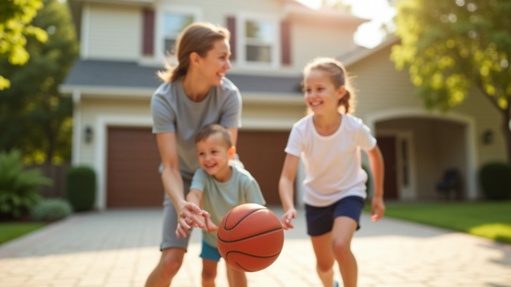 Parent and two children playing basketball together in a driveway on a clear day