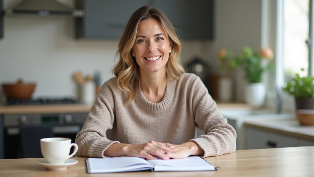 Parent reviewing weekly schedule while sitting at kitchen table with coffee